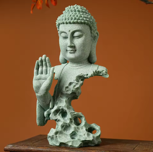 Boeddhistisch Zen Standbeeld – Groene Zandsteen Desktop Decoratie voor Interieur