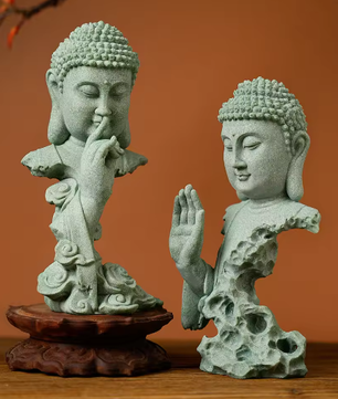 Boeddhistisch Zen Standbeeld – Groene Zandsteen Desktop Decoratie voor Interieur