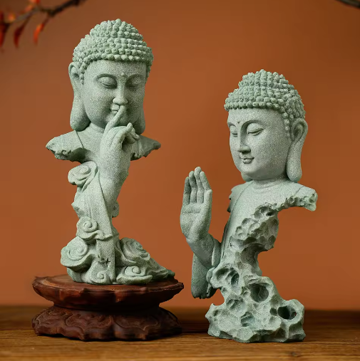 Boeddhistisch Zen Standbeeld – Groene Zandsteen Desktop Decoratie voor Interieur