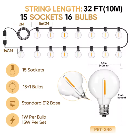 G40 LED Lichtslinger Buiten – Waterdichte Onbreekbare Globe Feestverlichting