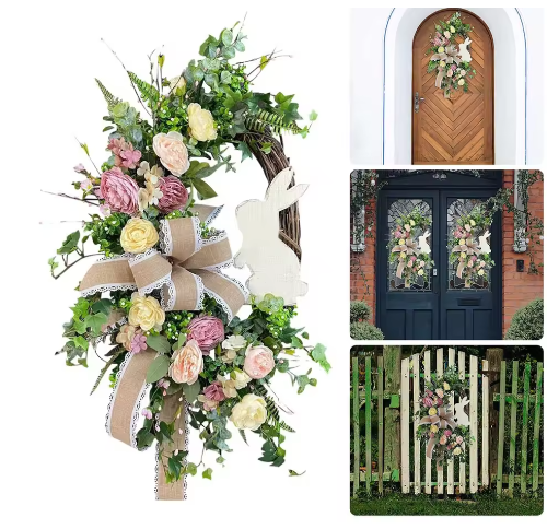 Paashaaskrans met Strik – Decoratieve Lentekrans voor Deur en Muur