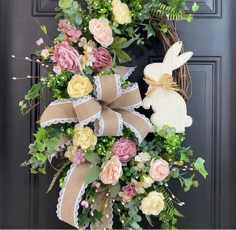 Paashaaskrans met Strik – Decoratieve Lentekrans voor Deur en Muur
