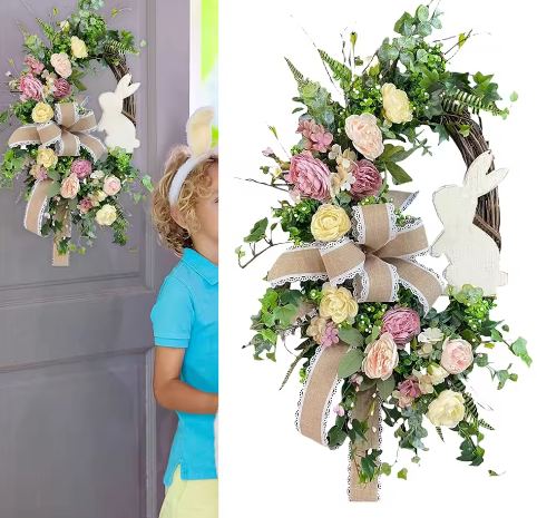 Paashaaskrans met Strik – Decoratieve Lentekrans voor Deur en Muur