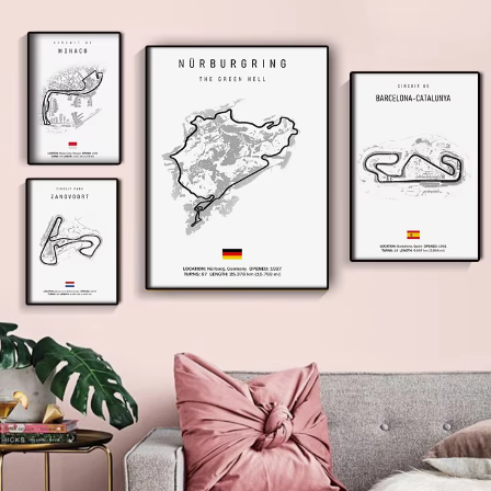 Vintage Formule 1 Circuit Poster – Zwart Wit Canvas Wanddecoratie