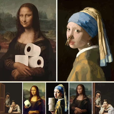 Grappige Mona Lisa Toiletrol Canvas Poster Badkamer Wanddecoratie