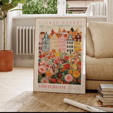 Amsterdam Bloemenmarkt Canvas Poster – Botanische Boho Wanddecoratie