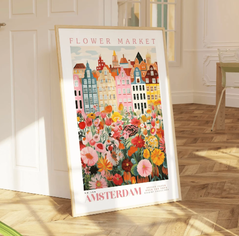 Amsterdam Bloemenmarkt Canvas Poster – Botanische Boho Wanddecoratie