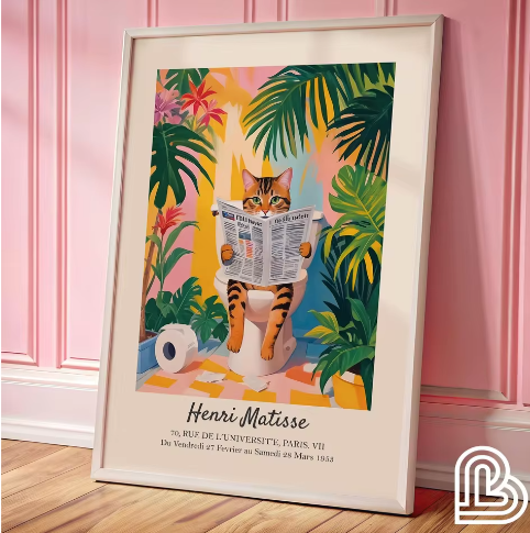 Grappige Zwarte Kat op Toilet Canvas Poster – Badkamer Wanddecoratie