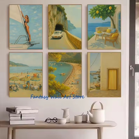 Mediterrane Strand Poster – Italiaanse Kust Canvas Wanddecoratie
