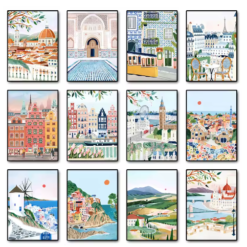 Wereld Steden Canvas Poster – Reis Stadslandschap Muurkunst voor Woonkamer en Interieurdecoratie