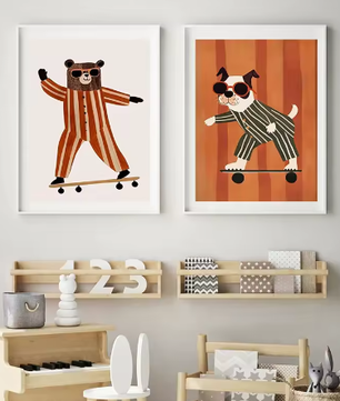 Grappige Dieren Canvas Poster – Skateboard Dieren Kinderkamer Muurdecoratie