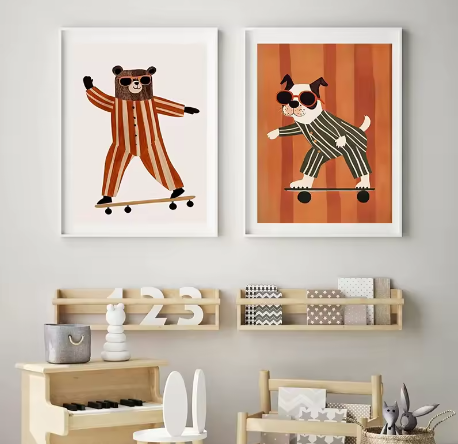 Grappige Dieren Canvas Poster – Skateboard Dieren Kinderkamer Muurdecoratie