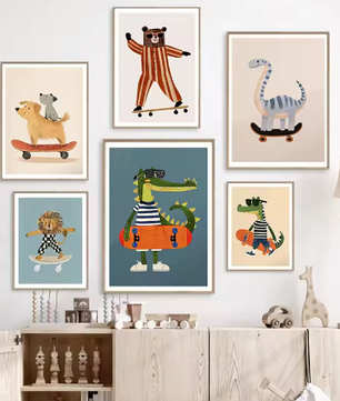 Grappige Dieren Canvas Poster – Skateboard Dieren Kinderkamer Muurdecoratie