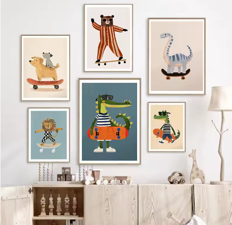 Grappige Dieren Canvas Poster – Skateboard Dieren Kinderkamer Muurdecoratie