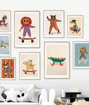 Grappige Dieren Canvas Poster – Skateboard Dieren Kinderkamer Muurdecoratie