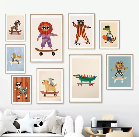 Grappige Dieren Canvas Poster – Skateboard Dieren Kinderkamer Muurdecoratie
