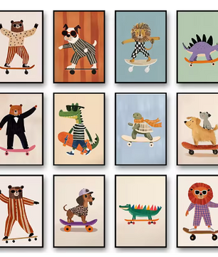 Grappige Dieren Canvas Poster – Skateboard Dieren Kinderkamer Muurdecoratie