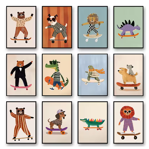 Grappige Dieren Canvas Poster – Skateboard Dieren Kinderkamer Muurdecoratie