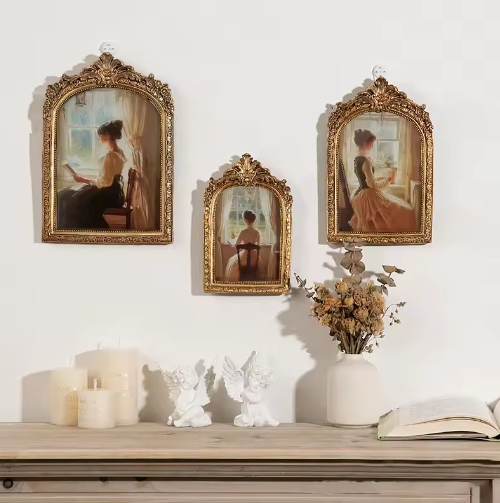 Antieke Boogvormige Fotolijst – Goud Gesneden Reliëf, Klassieke Hars Fotolijst voor Tafel of Muur