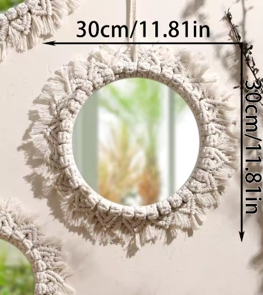 Macramé Spiegel Wanddecoratie – Boho Geweven Muurspiegel met Kwastjes voor Woonkamer en Slaapkamer