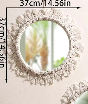 Macramé Spiegel Wanddecoratie – Boho Geweven Muurspiegel met Kwastjes voor Woonkamer en Slaapkamer
