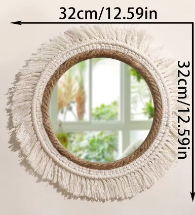 Macramé Spiegel Wanddecoratie – Boho Geweven Muurspiegel met Kwastjes voor Woonkamer en Slaapkamer