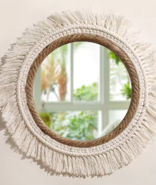 Macramé Spiegel Wanddecoratie – Boho Geweven Muurspiegel met Kwastjes voor Woonkamer en Slaapkamer