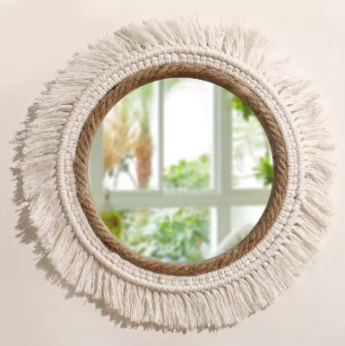 Macramé Spiegel Wanddecoratie – Boho Geweven Muurspiegel met Kwastjes voor Woonkamer en Slaapkamer