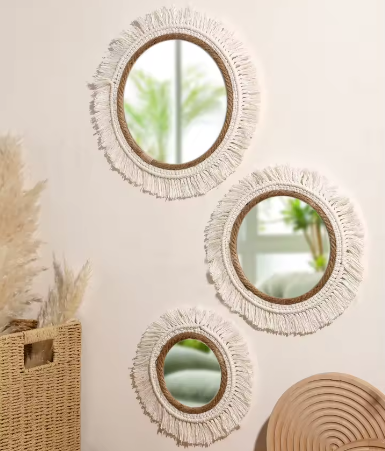 Macramé Spiegel Wanddecoratie – Boho Geweven Muurspiegel met Kwastjes voor Woonkamer en Slaapkamer