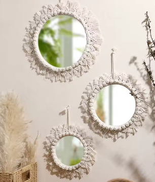 Macramé Spiegel Wanddecoratie – Boho Geweven Muurspiegel met Kwastjes voor Woonkamer en Slaapkamer