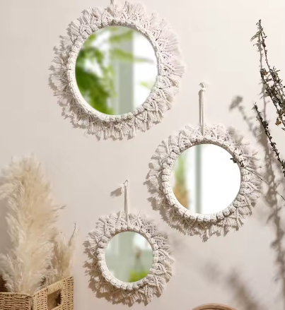 Macramé Spiegel Wanddecoratie – Boho Geweven Muurspiegel met Kwastjes voor Woonkamer en Slaapkamer