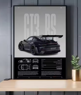 Minimalistische Sportwagen Poster op Canvas – GT3-RS Stijl Supercar Wanddecoratie voor Interieur