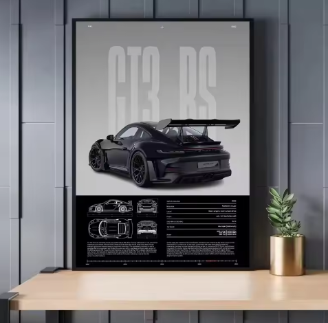 Minimalistische Sportwagen Poster op Canvas – GT3-RS Stijl Supercar Wanddecoratie voor Interieur