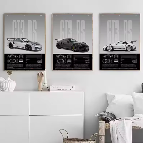 Minimalistische Sportwagen Poster op Canvas – GT3-RS Stijl Supercar Wanddecoratie voor Interieur