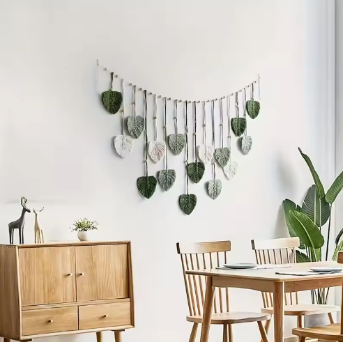 Boho Geweven Blad Muurhanger – Decoratieve Macramé Wanddecoratie in Natuurlijke Stijl
