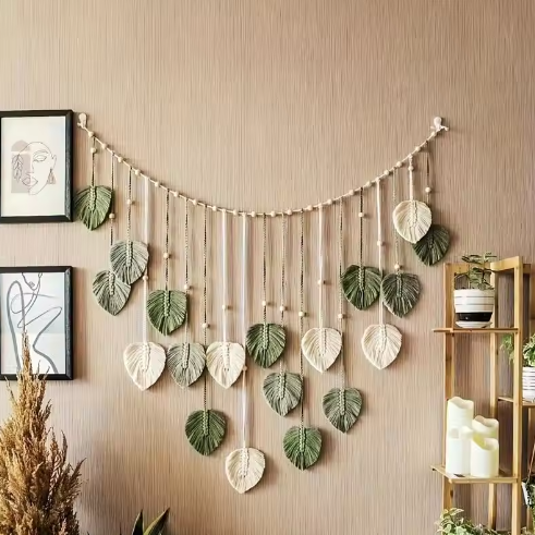 Boho Geweven Blad Muurhanger – Decoratieve Macramé Wanddecoratie in Natuurlijke Stijl