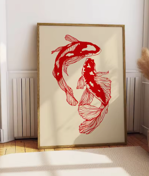 Japanse Koi Vis Canvas Poster – Minimalistische Rode Koi Wanddecoratie voor Modern Interieur