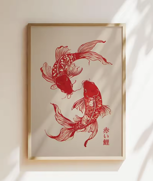 Japanse Koi Vis Canvas Poster – Minimalistische Rode Koi Wanddecoratie voor Modern Interieur