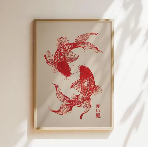Japanse Koi Vis Canvas Poster – Minimalistische Rode Koi Wanddecoratie voor Modern Interieur