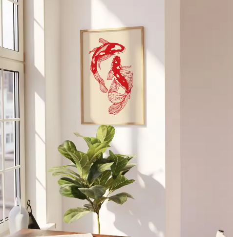 Japanse Koi Vis Canvas Poster – Minimalistische Rode Koi Wanddecoratie voor Modern Interieur