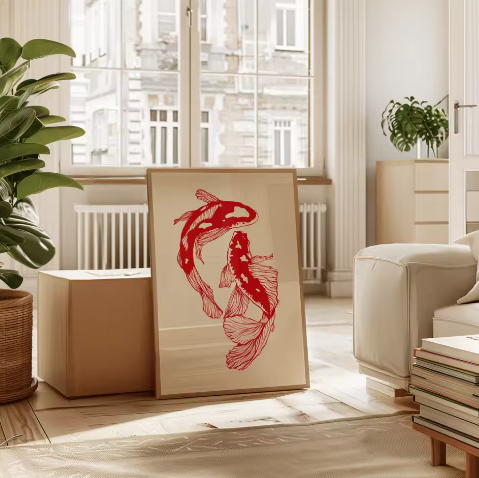 Japanse Koi Vis Canvas Poster – Minimalistische Rode Koi Wanddecoratie voor Modern Interieur