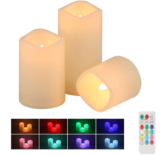 Set van 3 RGB LED Kaarsen – Vlamloze Pijlerkaarsen met Afstandsbediening en Timer