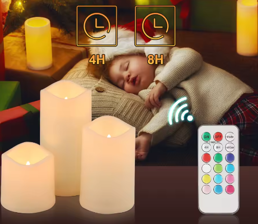 Set van 3 RGB LED Kaarsen – Vlamloze Pijlerkaarsen met Afstandsbediening en Timer