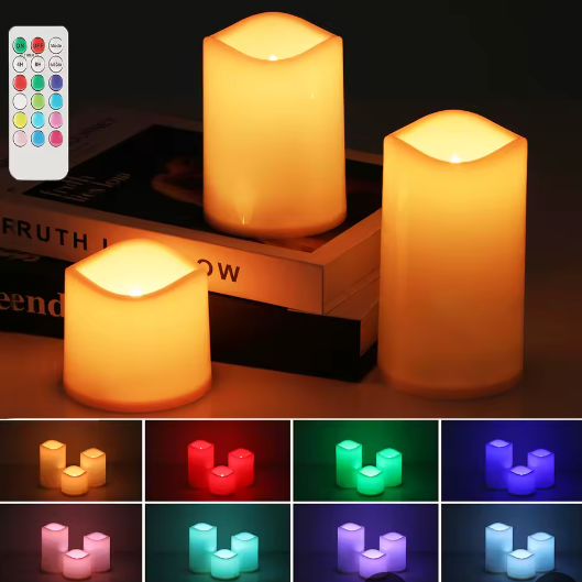 Set van 3 RGB LED Kaarsen – Vlamloze Pijlerkaarsen met Afstandsbediening en Timer
