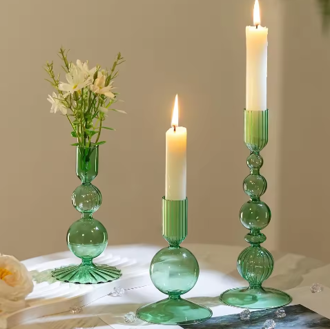 Glazen Kandelaars Set van 3 – Kaarshouder en Bloemenvaas Tafel Decoratie