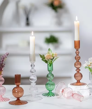 Glazen Kandelaars Set van 3 – Kaarshouder en Bloemenvaas Tafel Decoratie