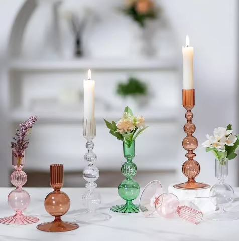 Glazen Kandelaars Set van 3 – Kaarshouder en Bloemenvaas Tafel Decoratie