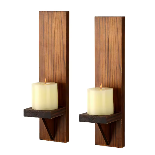 Set van 2 Houten Wandkaarsenhouders – Rustieke Muur Kandelaars voor Woonkamer Decoratie
