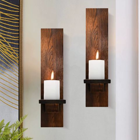 Set van 2 Houten Wandkaarsenhouders – Rustieke Muur Kandelaars voor Woonkamer Decoratie