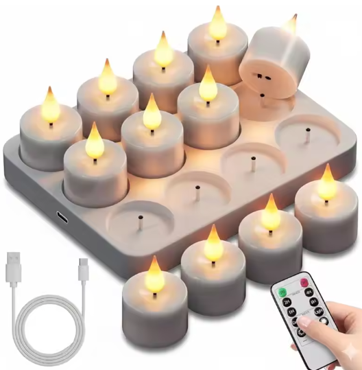 Oplaadbare LED Theelichtjes Set van 12 – Vlamloze Flikkerende Kaarsen met Afstandsbediening